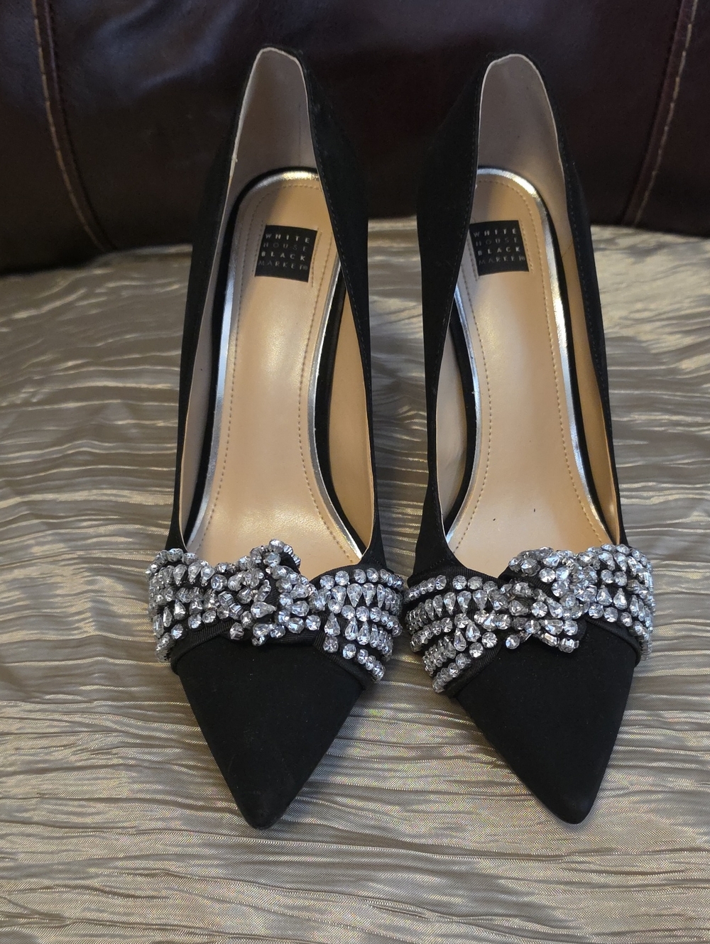 White House Black Market Black Pointed Toe Pumps with Crystal Knotted Accent